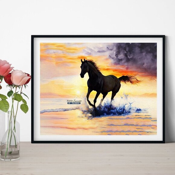 8x10 Horse Galloping On‎ The Beach Sunset Watercolor Oil Painting Print - Picture 2 of 6